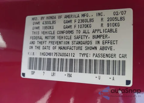 2007 Honda Accord 3.0 Ex z USA, uszkodzony, nr VIN 1HGCM81757A004112